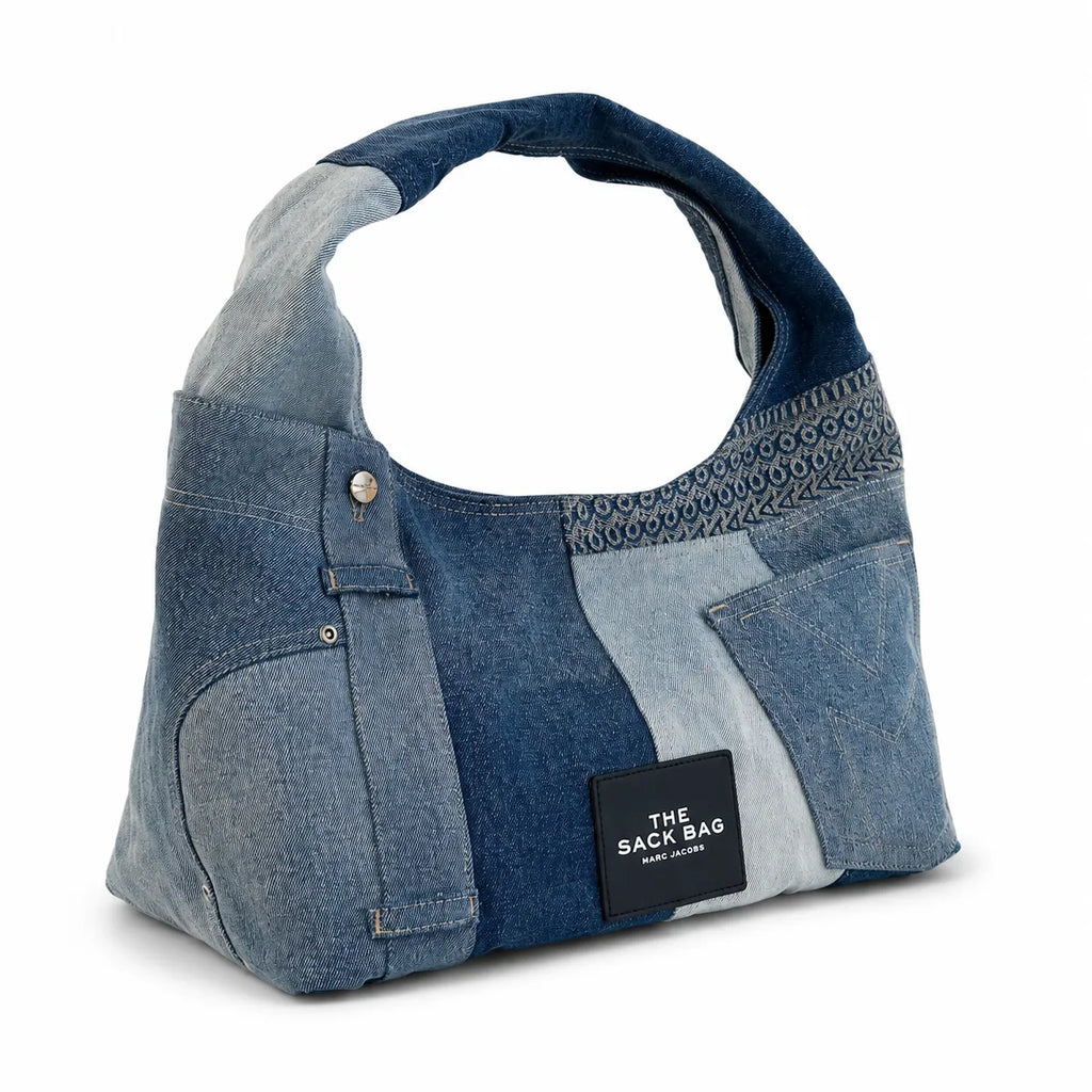 Marc Jacobs The Sack Bag Medium Deconstructed Denim Patchwork Shoulder Bag with Embossed Logo
