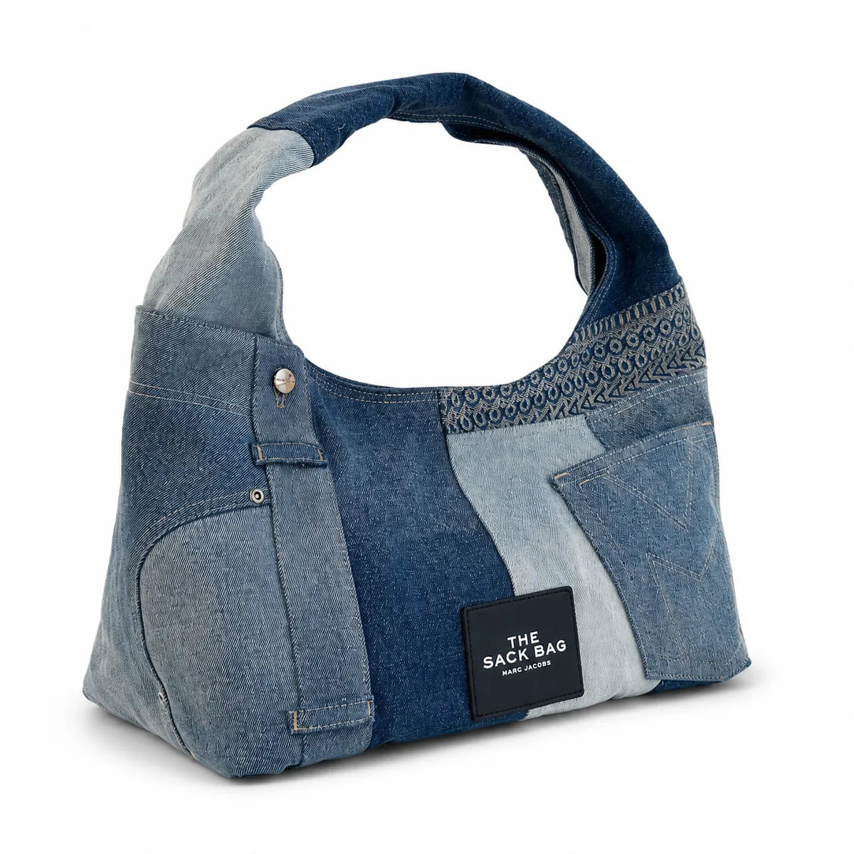 Marc Jacobs The Sack Bag Medium Deconstructed Denim Patchwork Shoulder Bag with Embossed Logo