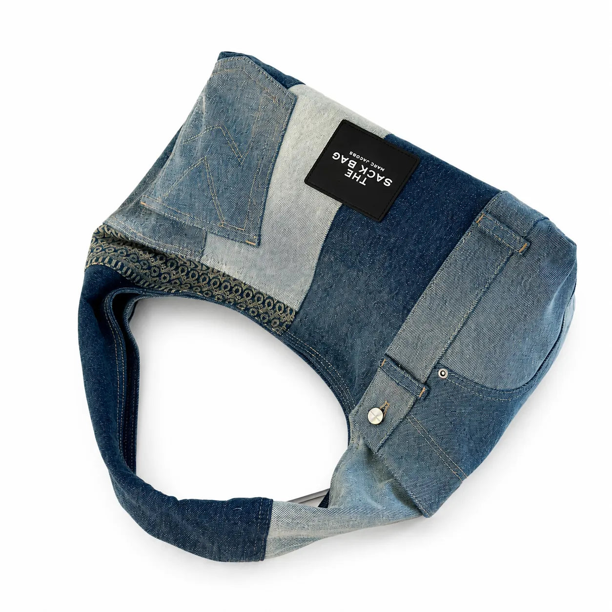 Marc Jacobs The Sack Bag Medium Deconstructed Denim Patchwork Shoulder Bag with Embossed Logo