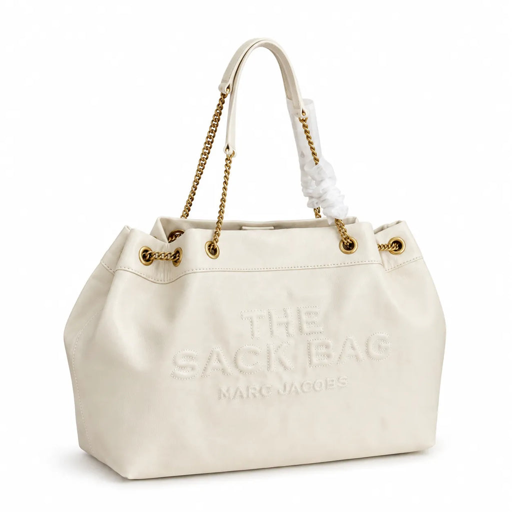 Marc Jacobs The Sack Bag Large Cream Soft Leather Chain-Strap Tote Bag with Embossed Logo