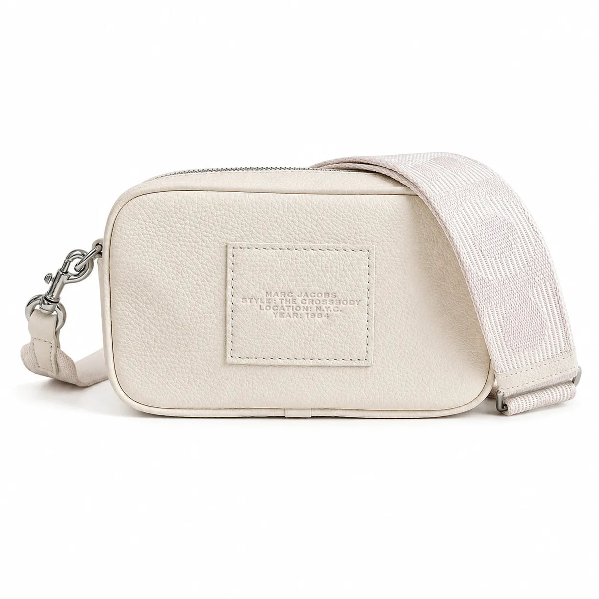 Marc Jacobs The Crossbody Mini Cream Pebble Leather Dual-Zip Crossbody Bag with Embossed Logo
