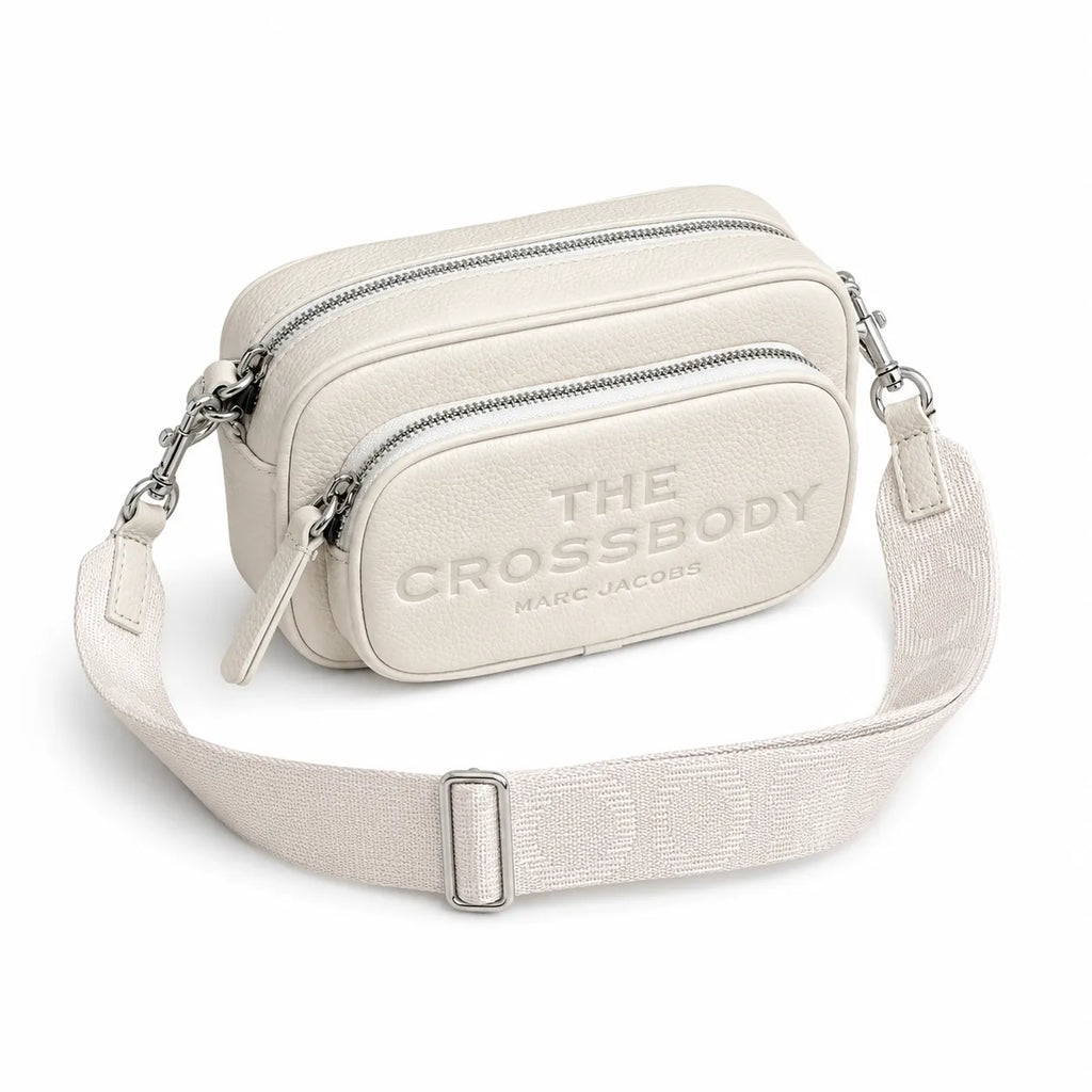Marc Jacobs The Crossbody Mini Cream Pebble Leather Dual-Zip Crossbody Bag with Embossed Logo