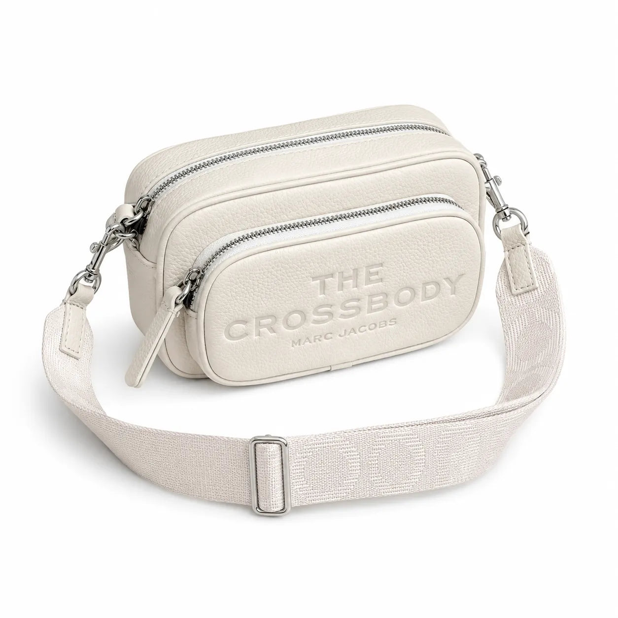 Marc Jacobs The Crossbody Mini Cream Pebble Leather Dual-Zip Crossbody Bag with Embossed Logo
