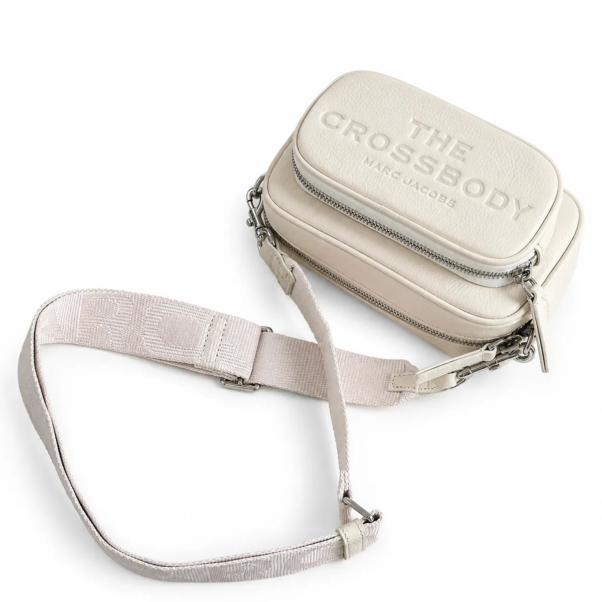 Marc Jacobs The Crossbody Mini Cream Pebble Leather Dual-Zip Crossbody Bag with Embossed Logo