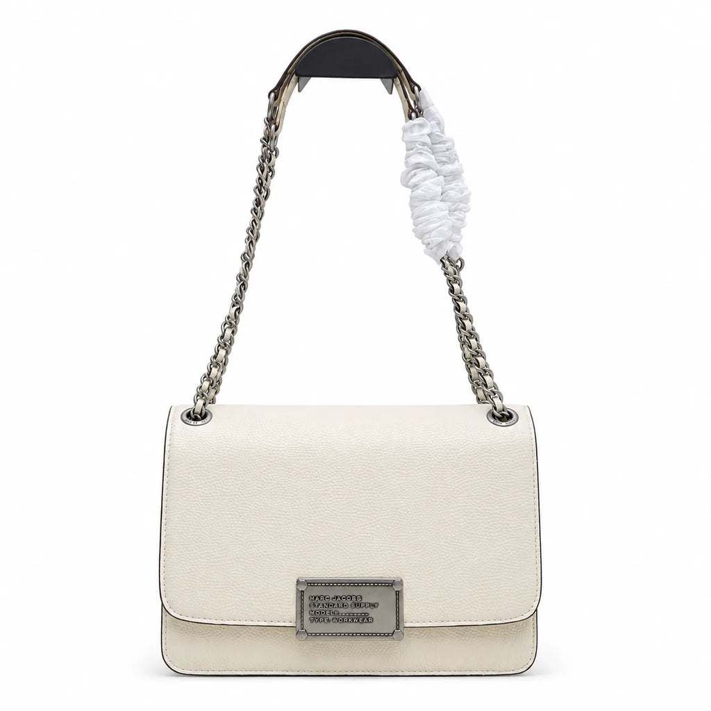 Marc Jacobs The J Marc Medium White Pebble Leather Chain Shoulder Bag with Embossed Metal Plaque