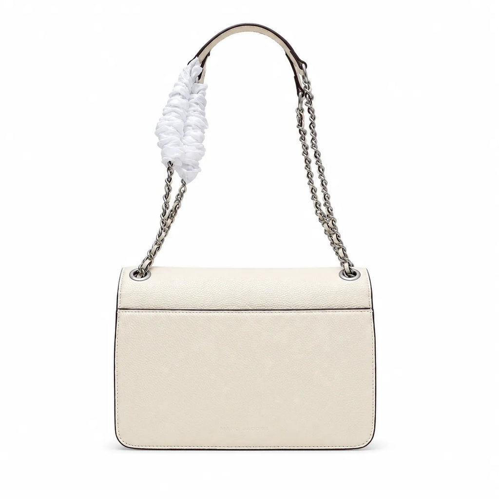 Marc Jacobs The J Marc Medium White Pebble Leather Chain Shoulder Bag with Embossed Metal Plaque