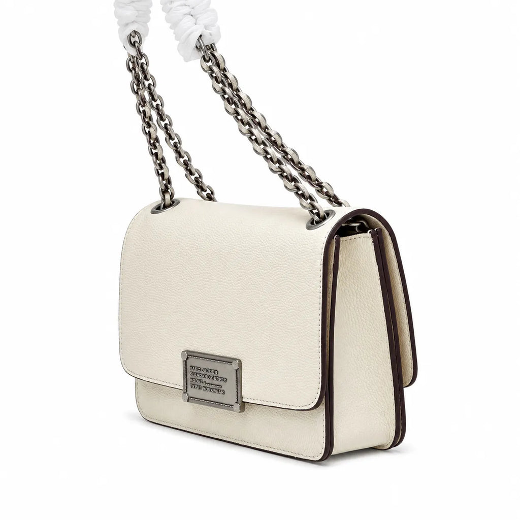 Marc Jacobs The J Marc Medium White Pebble Leather Chain Shoulder Bag with Embossed Metal Plaque
