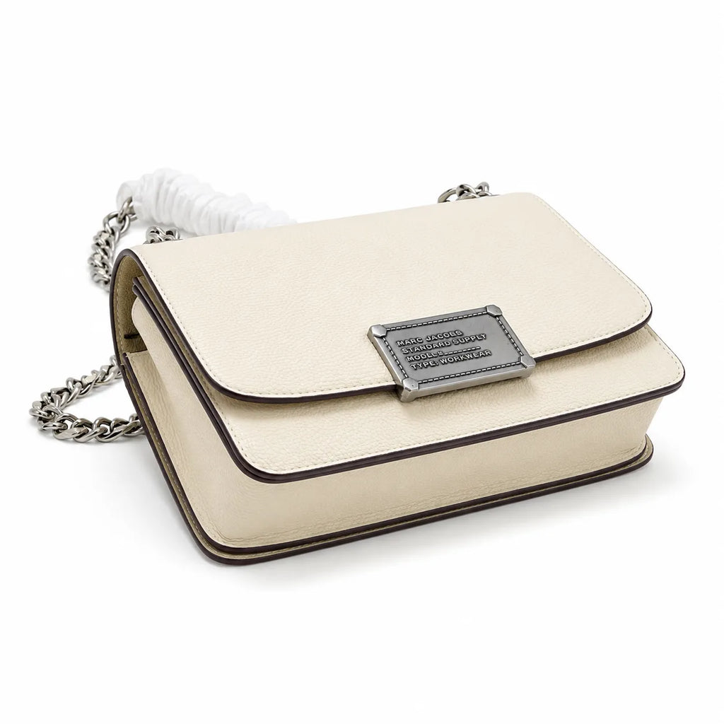 Marc Jacobs The J Marc Medium White Pebble Leather Chain Shoulder Bag with Embossed Metal Plaque