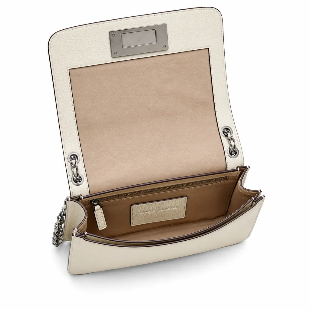 Marc Jacobs The J Marc Medium White Pebble Leather Chain Shoulder Bag with Embossed Metal Plaque