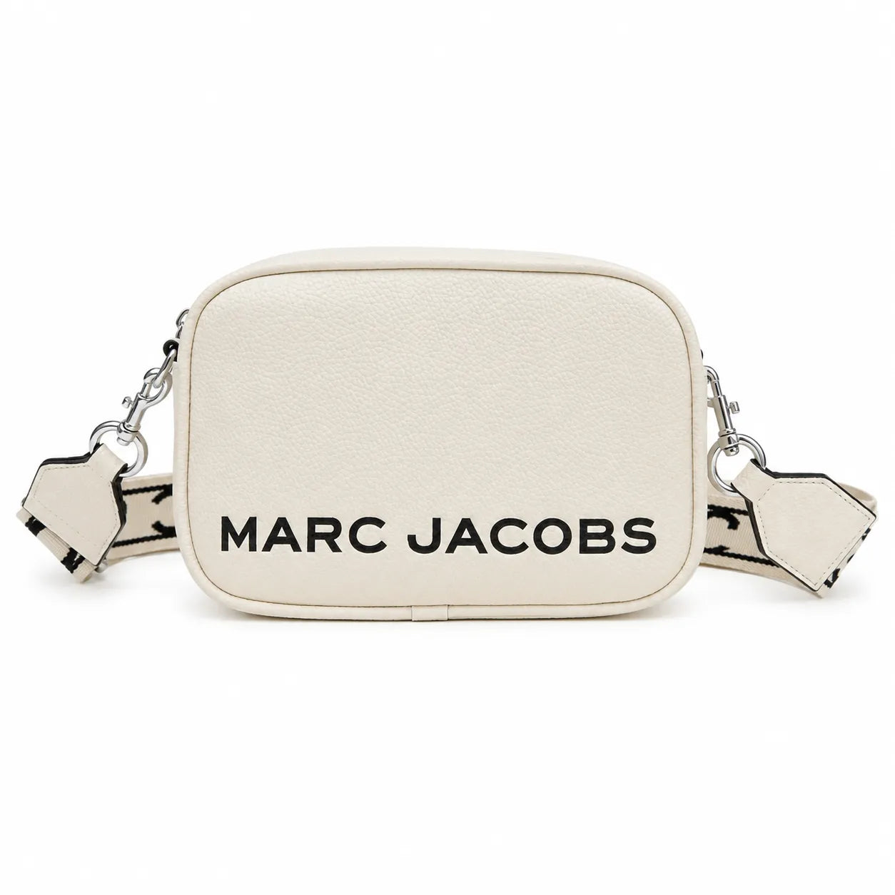 Marc Jacobs The Utility Snapshot Mini White Pebble Leather Camera Bag with Embossed Logo & Back Pocket