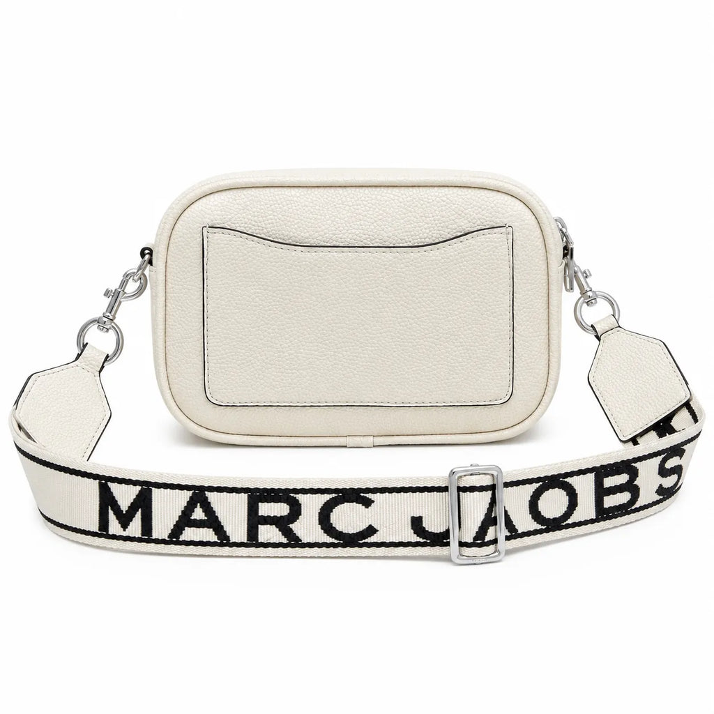 Marc Jacobs The Utility Snapshot Mini White Pebble Leather Camera Bag with Embossed Logo & Back Pocket