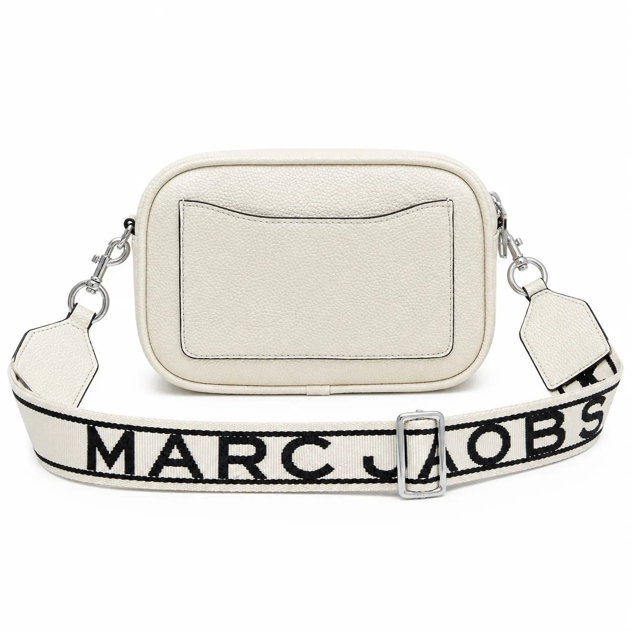 Marc Jacobs The Utility Snapshot Mini White Pebble Leather Camera Bag with Embossed Logo & Back Pocket