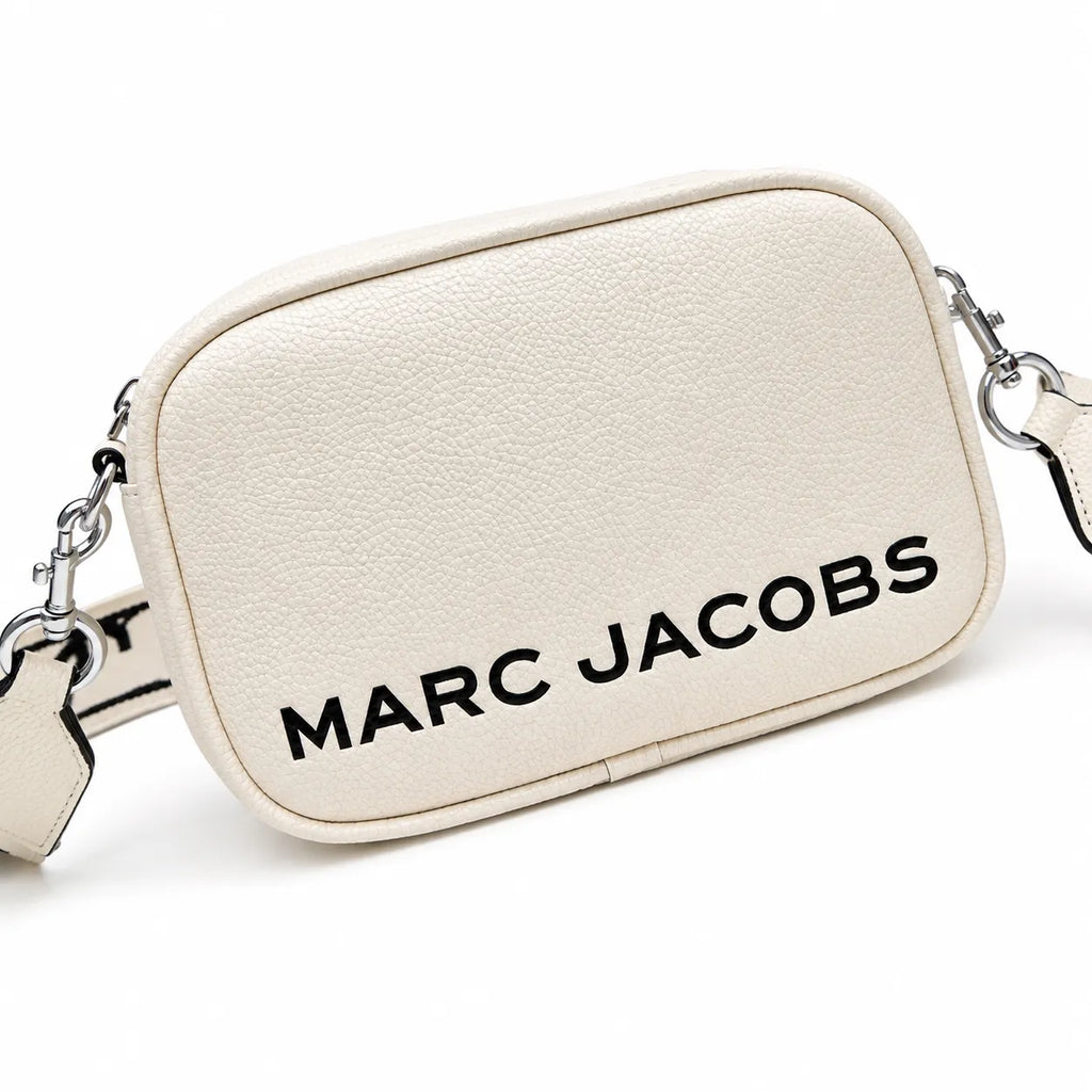 Marc Jacobs The Utility Snapshot Mini White Pebble Leather Camera Bag with Embossed Logo & Back Pocket