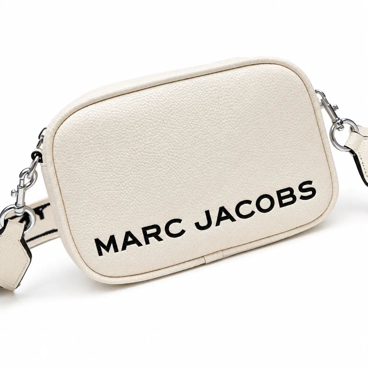 Marc Jacobs The Utility Snapshot Mini White Pebble Leather Camera Bag with Embossed Logo & Back Pocket