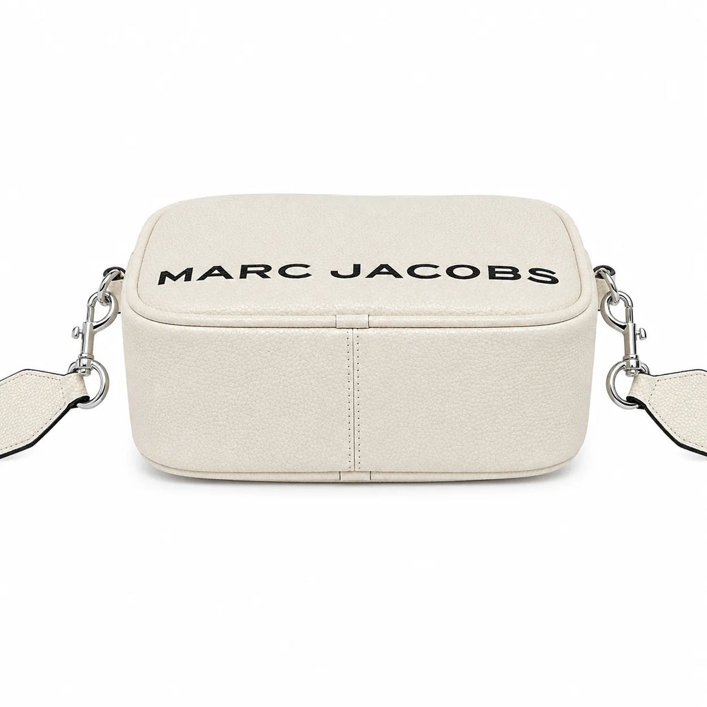 Marc Jacobs The Utility Snapshot Mini White Pebble Leather Camera Bag with Embossed Logo & Back Pocket