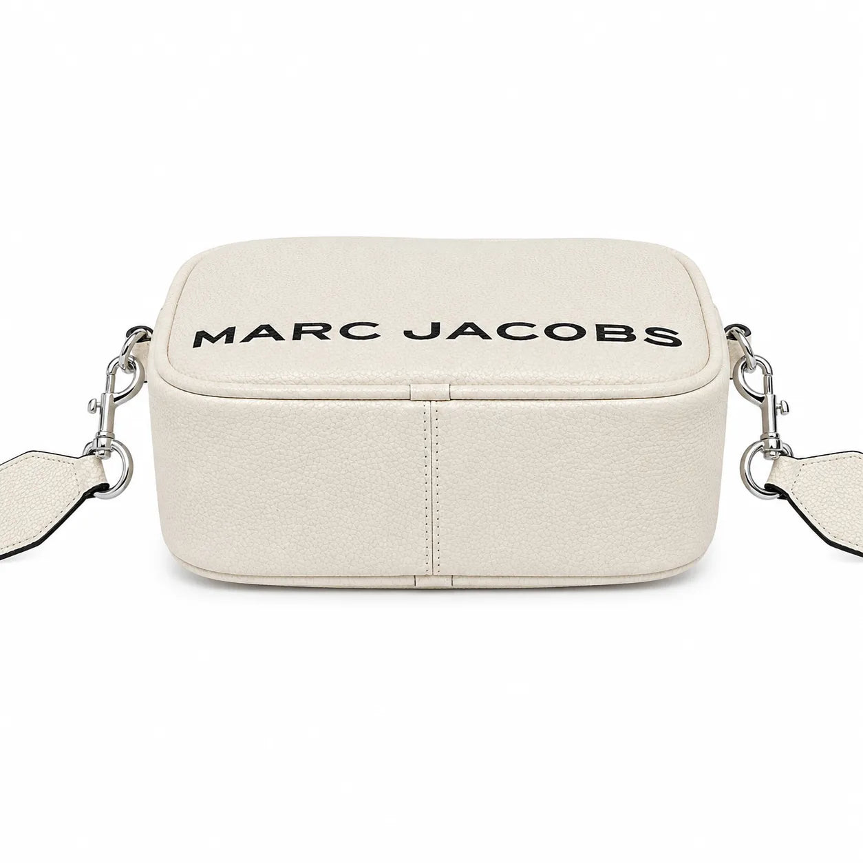 Marc Jacobs The Utility Snapshot Mini White Pebble Leather Camera Bag with Embossed Logo & Back Pocket