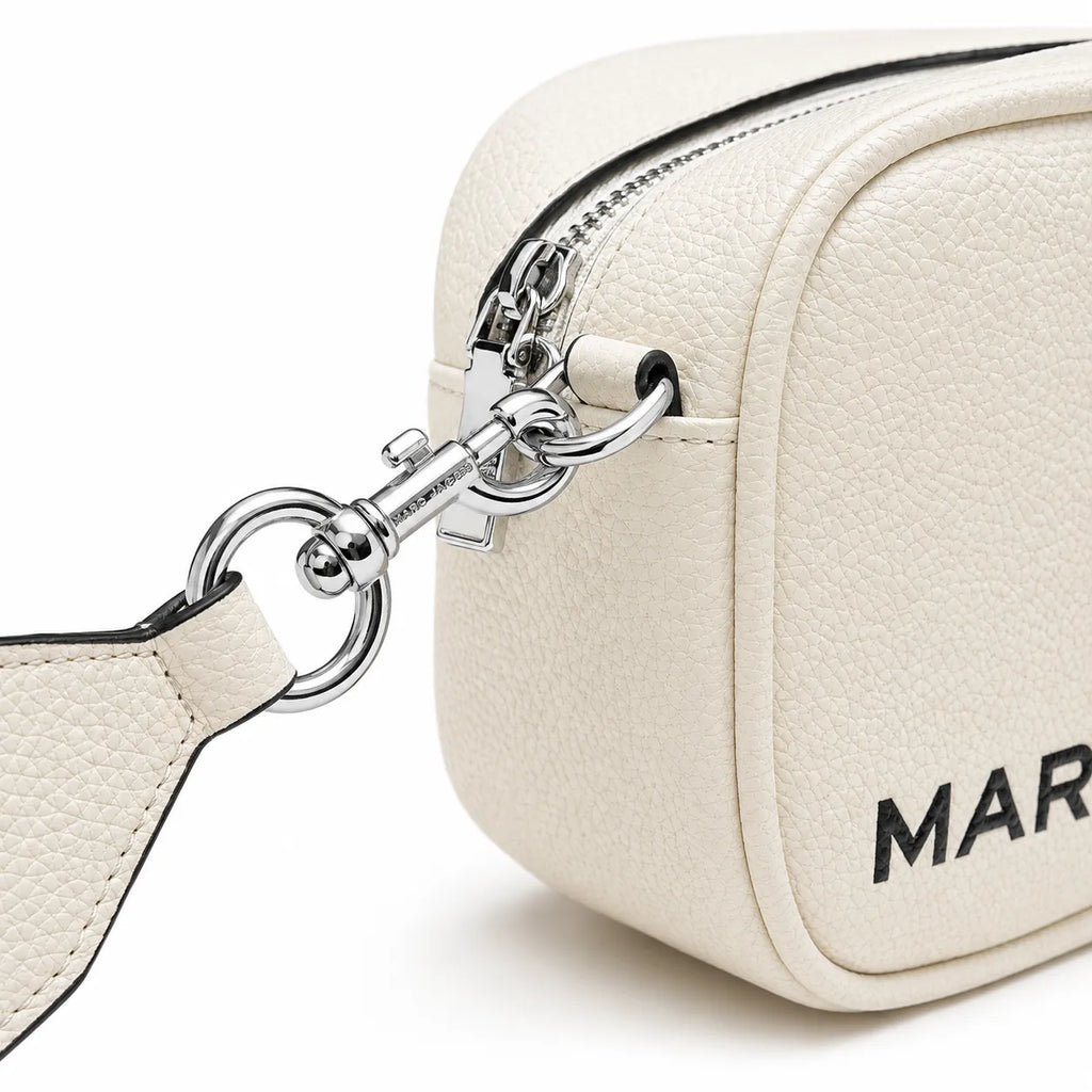 Marc Jacobs The Utility Snapshot Mini White Pebble Leather Camera Bag with Embossed Logo & Back Pocket
