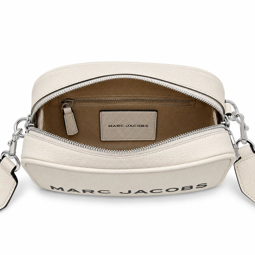 Marc Jacobs The Utility Snapshot Mini White Pebble Leather Camera Bag with Embossed Logo & Back Pocket