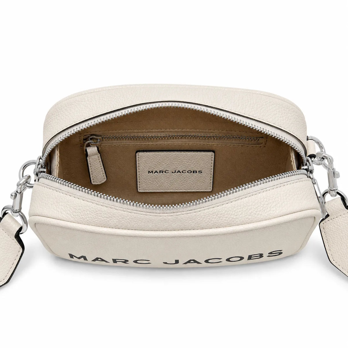 Marc Jacobs The Utility Snapshot Mini White Pebble Leather Camera Bag with Embossed Logo & Back Pocket