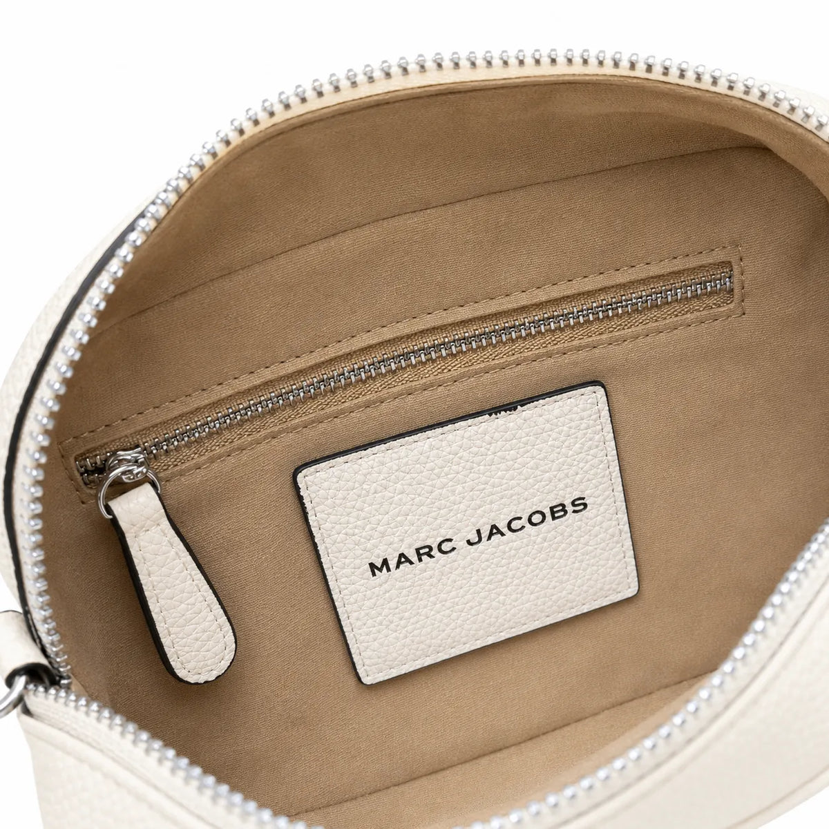 Marc Jacobs The Utility Snapshot Mini White Pebble Leather Camera Bag with Embossed Logo & Back Pocket
