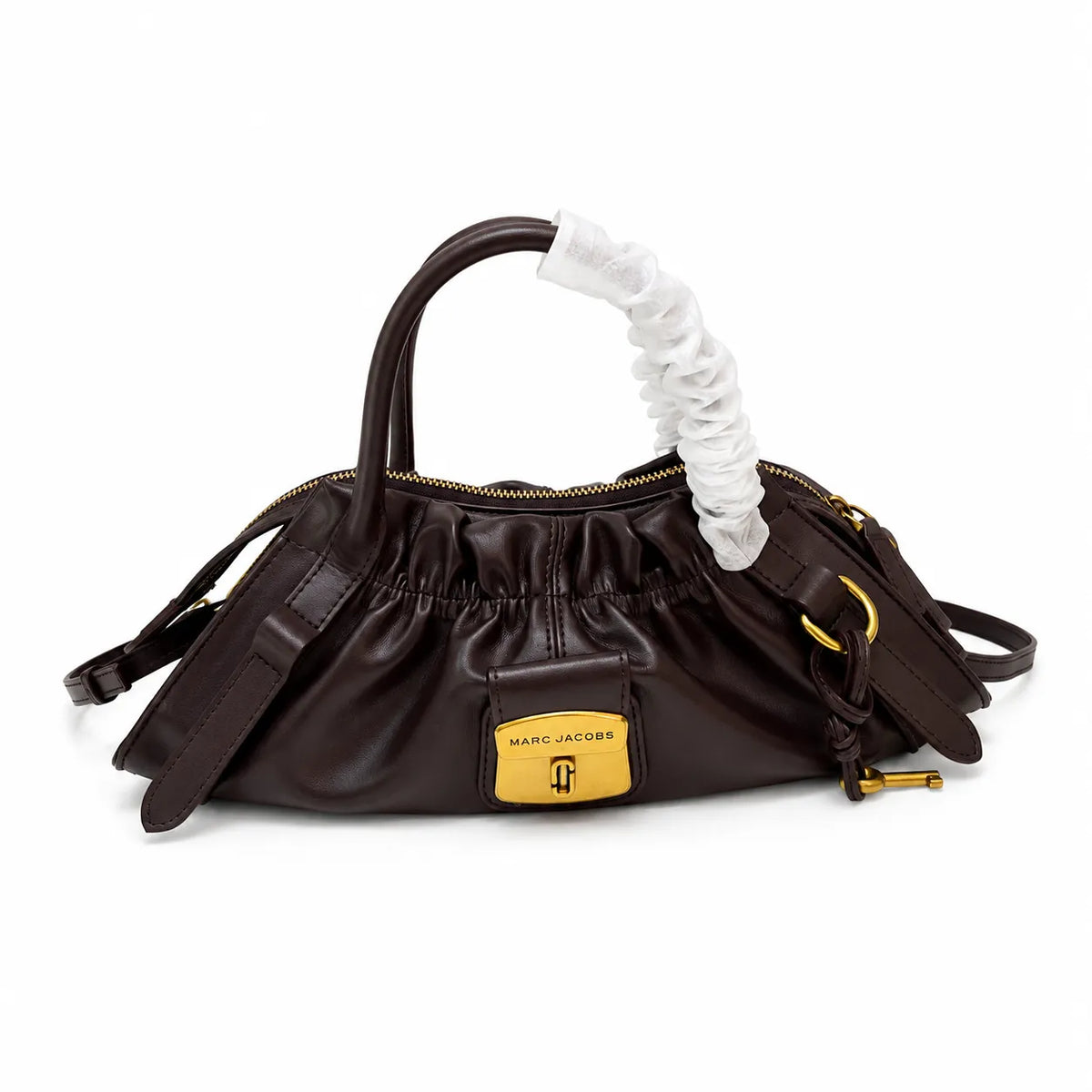 Marc Jacobs The Cristina SmaMarc Jacobs The Cristina Small Ivory Soft Leather Ruched Top Handle Bag with Gold Lock & Detachable Strapll Ivory Soft Leather Ruched Top Handle Bag with Gold Lock & Detachable Strap