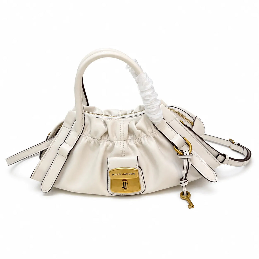 Marc Jacobs The Cristina SmaMarc Jacobs The Cristina Small Ivory Soft Leather Ruched Top Handle Bag with Gold Lock & Detachable Strapll Ivory Soft Leather Ruched Top Handle Bag with Gold Lock & Detachable Strap