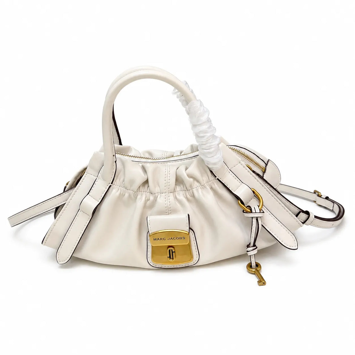 Marc Jacobs The Cristina SmaMarc Jacobs The Cristina Small Ivory Soft Leather Ruched Top Handle Bag with Gold Lock & Detachable Strapll Ivory Soft Leather Ruched Top Handle Bag with Gold Lock & Detachable Strap