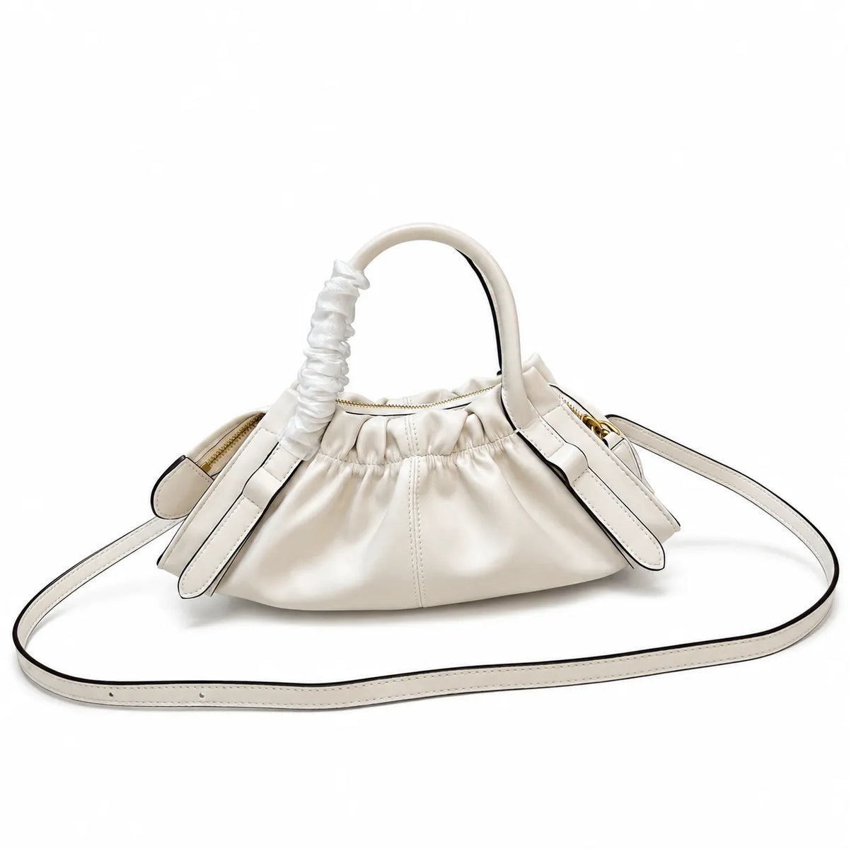 Marc Jacobs The Cristina SmaMarc Jacobs The Cristina Small Ivory Soft Leather Ruched Top Handle Bag with Gold Lock & Detachable Strapll Ivory Soft Leather Ruched Top Handle Bag with Gold Lock & Detachable Strap