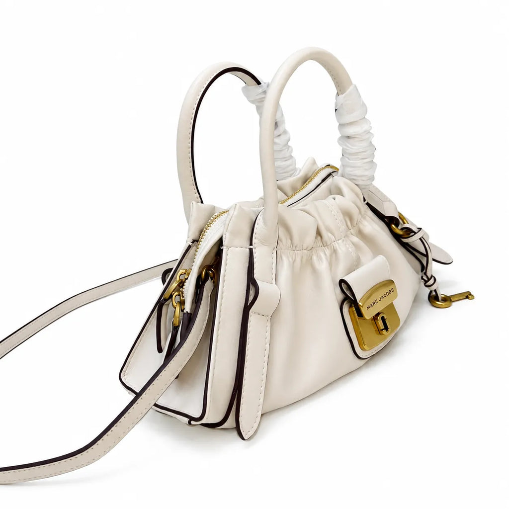 Marc Jacobs The Cristina SmaMarc Jacobs The Cristina Small Ivory Soft Leather Ruched Top Handle Bag with Gold Lock & Detachable Strapll Ivory Soft Leather Ruched Top Handle Bag with Gold Lock & Detachable Strap
