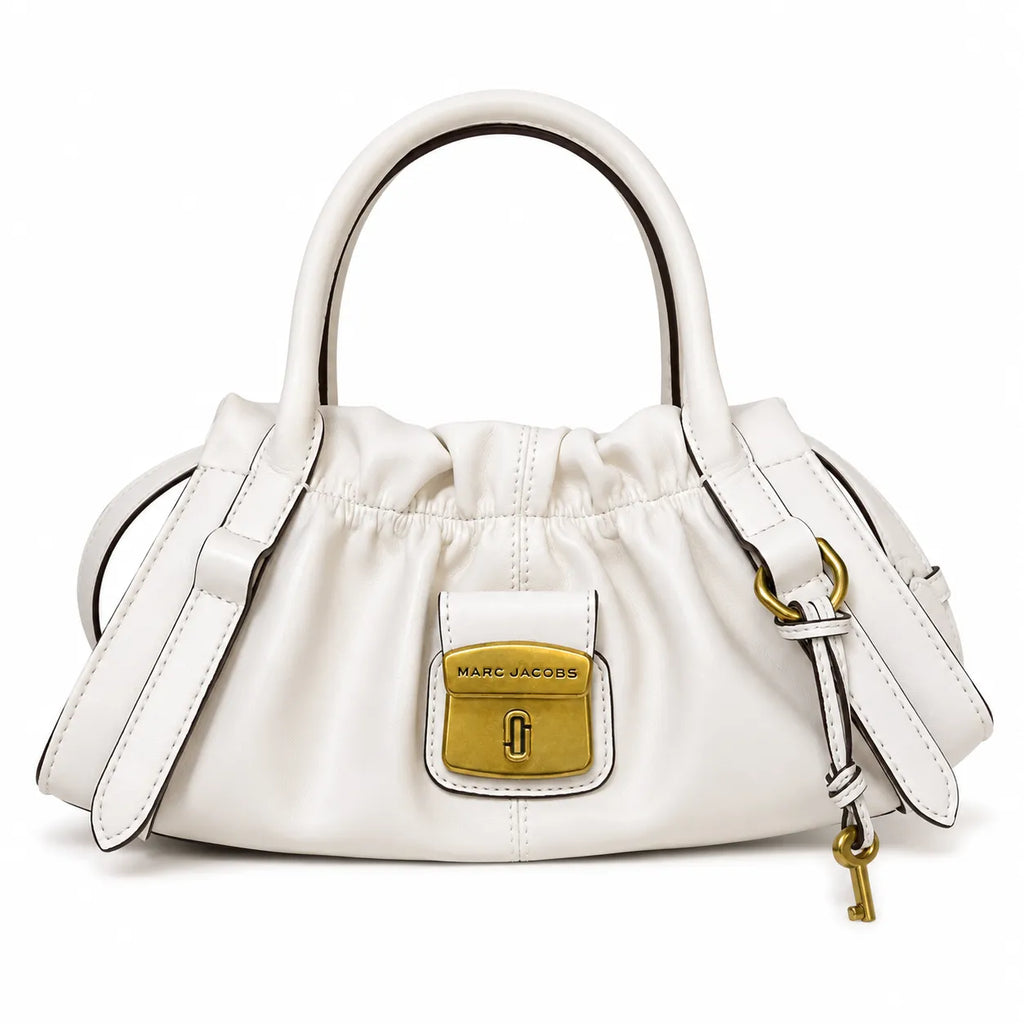 Marc Jacobs The Cristina SmaMarc Jacobs The Cristina Small Ivory Soft Leather Ruched Top Handle Bag with Gold Lock & Detachable Strapll Ivory Soft Leather Ruched Top Handle Bag with Gold Lock & Detachable Strap