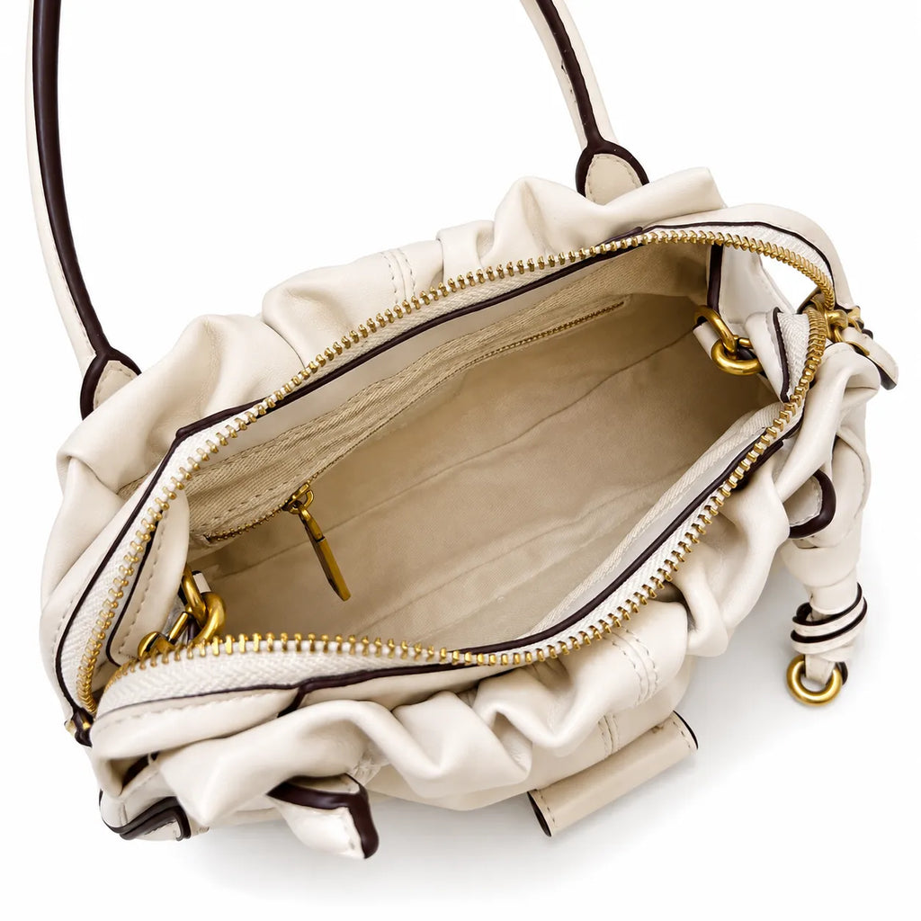Marc Jacobs The Cristina SmaMarc Jacobs The Cristina Small Ivory Soft Leather Ruched Top Handle Bag with Gold Lock & Detachable Strapll Ivory Soft Leather Ruched Top Handle Bag with Gold Lock & Detachable Strap