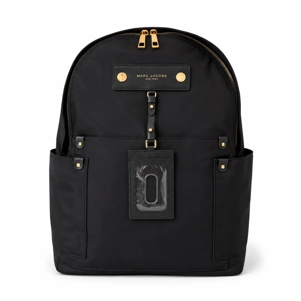 Marc Jacobs Preppy Nylon Backpack Black Water-Resistant School Bag with Gold Zippers & Leather Logo Plaque