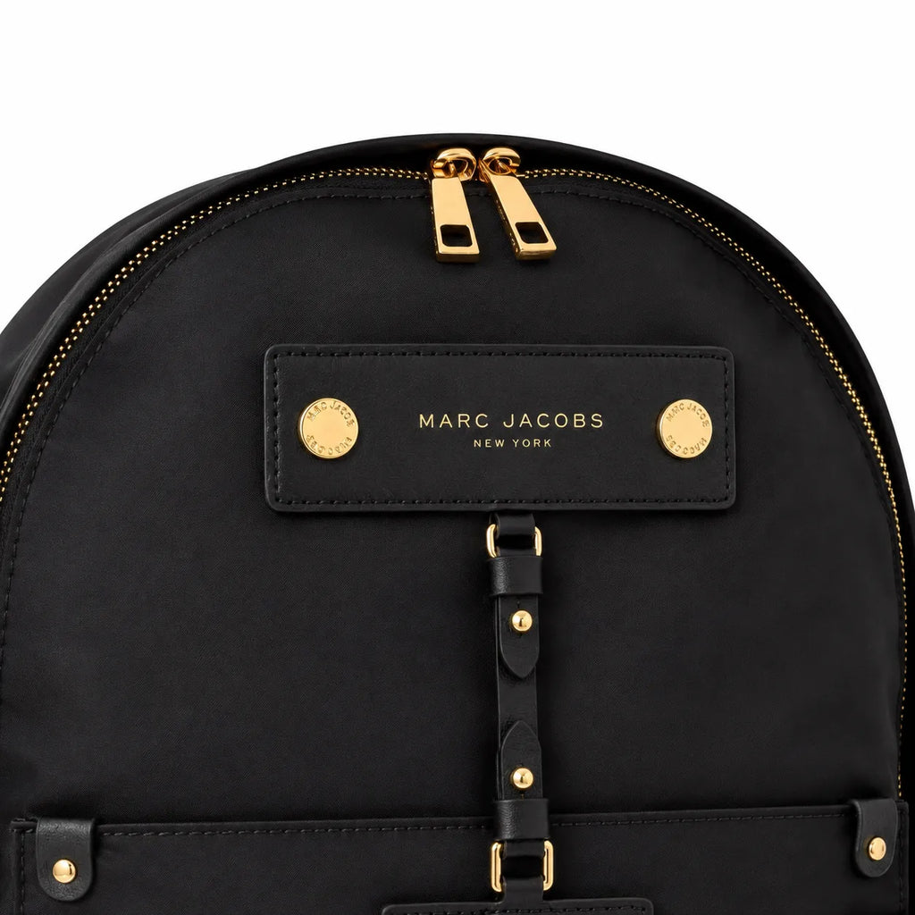 Marc Jacobs Preppy Nylon Backpack Black Water-Resistant School Bag with Gold Zippers & Leather Logo Plaque