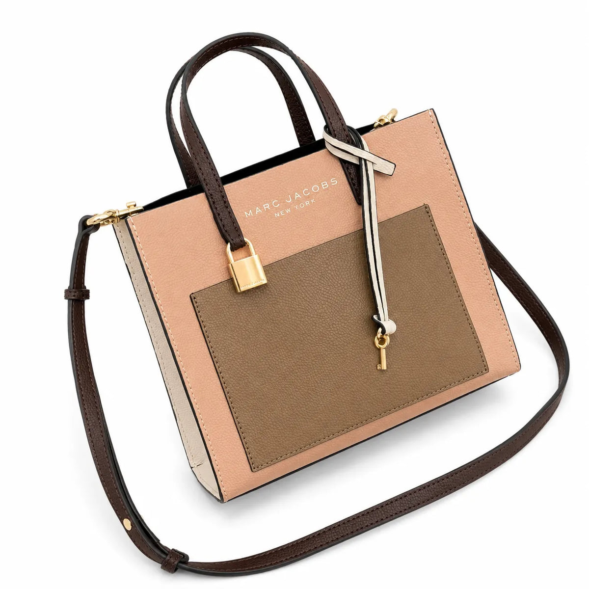 Marc Jacobs The Mini Grind Small Colorblock Leather Tote Bag with Gold Lock & Key Charm