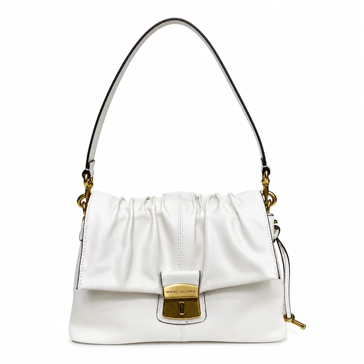 Marc Jacobs The Cristina Small White Soft Leather Ruched Shoulder Bag with Gold Lock & Detachable Strap