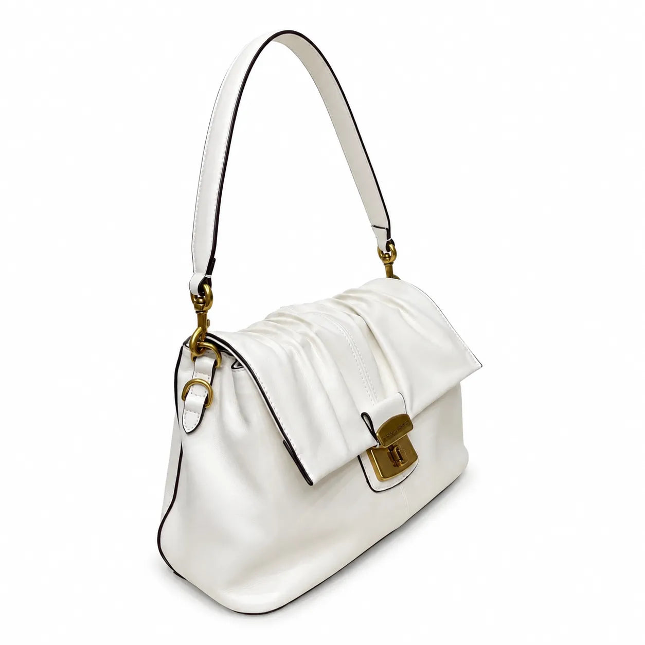 Marc Jacobs The Cristina Small White Soft Leather Ruched Shoulder Bag with Gold Lock & Detachable Strap