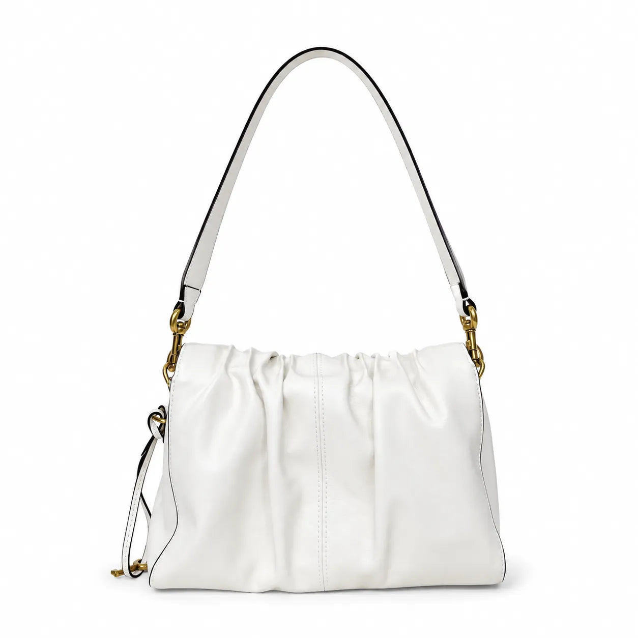 Marc Jacobs The Cristina Small White Soft Leather Ruched Shoulder Bag with Gold Lock & Detachable Strap