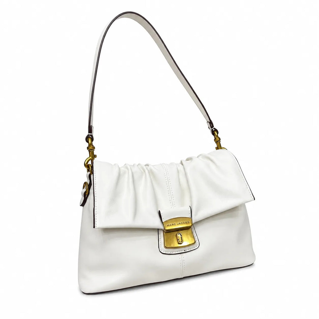 Marc Jacobs The Cristina Small White Soft Leather Ruched Shoulder Bag with Gold Lock & Detachable Strap