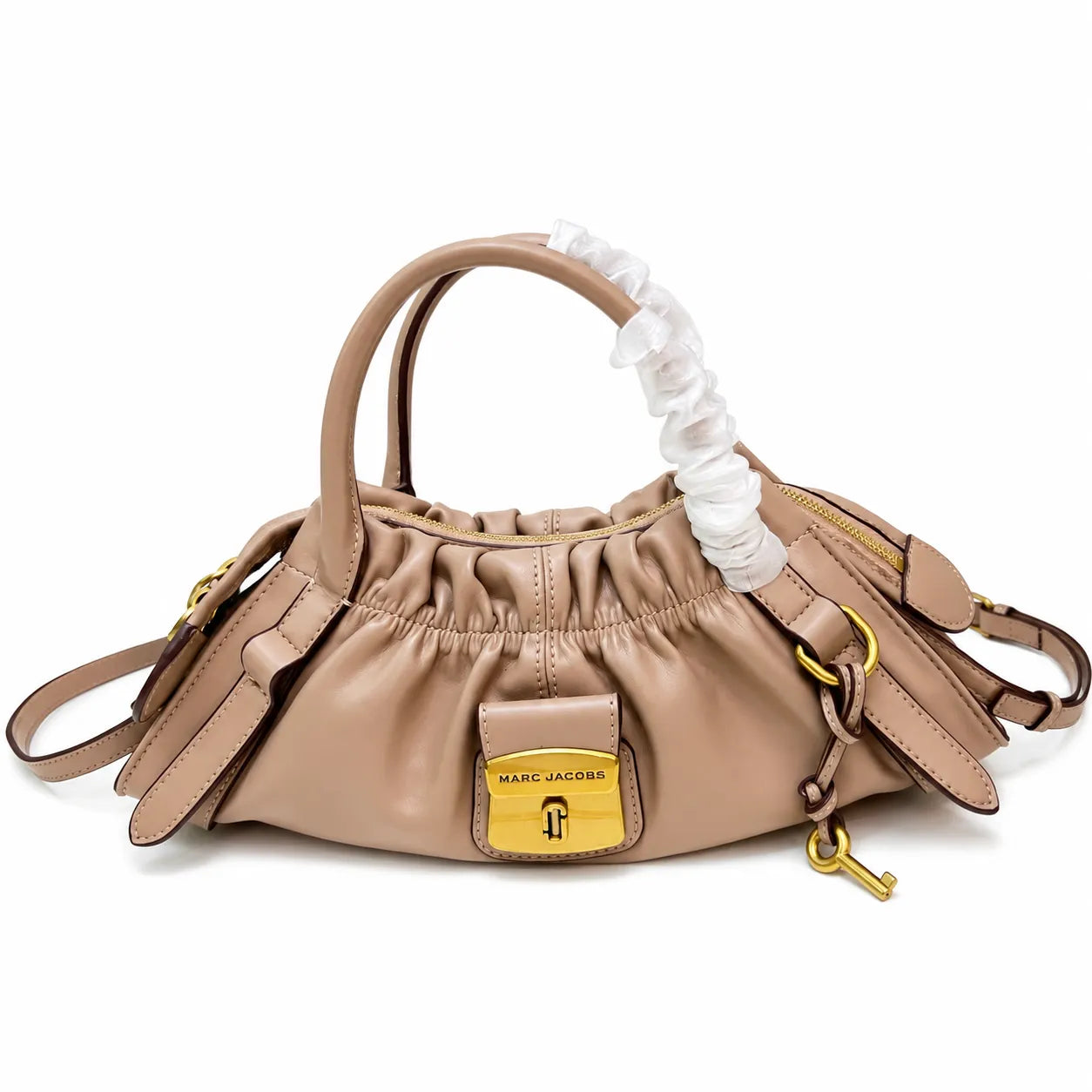 Marc Jacobs The Cristina Small Ivory Soft Leather Ruched Top Handle Bag with Gold Lock & Detachable Strap