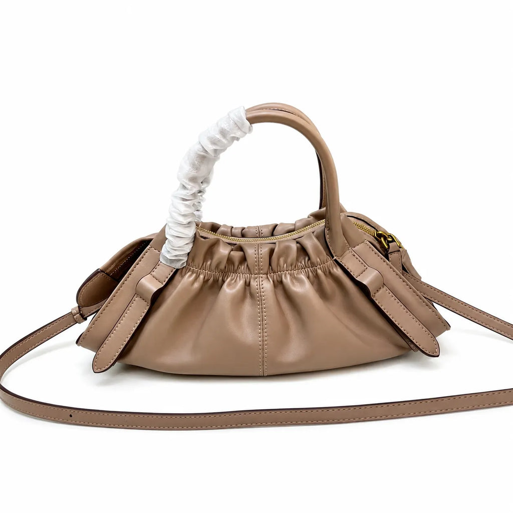 Marc Jacobs The Cristina Small Ivory Soft Leather Ruched Top Handle Bag with Gold Lock & Detachable Strap