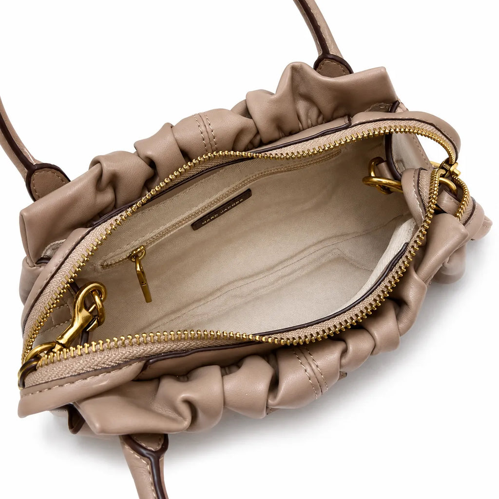 Marc Jacobs The Cristina Small Ivory Soft Leather Ruched Top Handle Bag with Gold Lock & Detachable Strap
