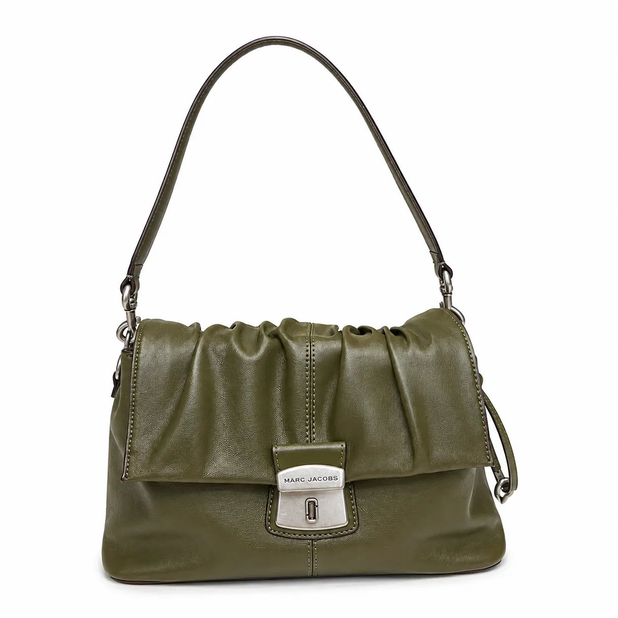 Marc Jacobs The Cristina Medium Olive Green Soft Leather Ruched Shoulder Bag with Silver Lock