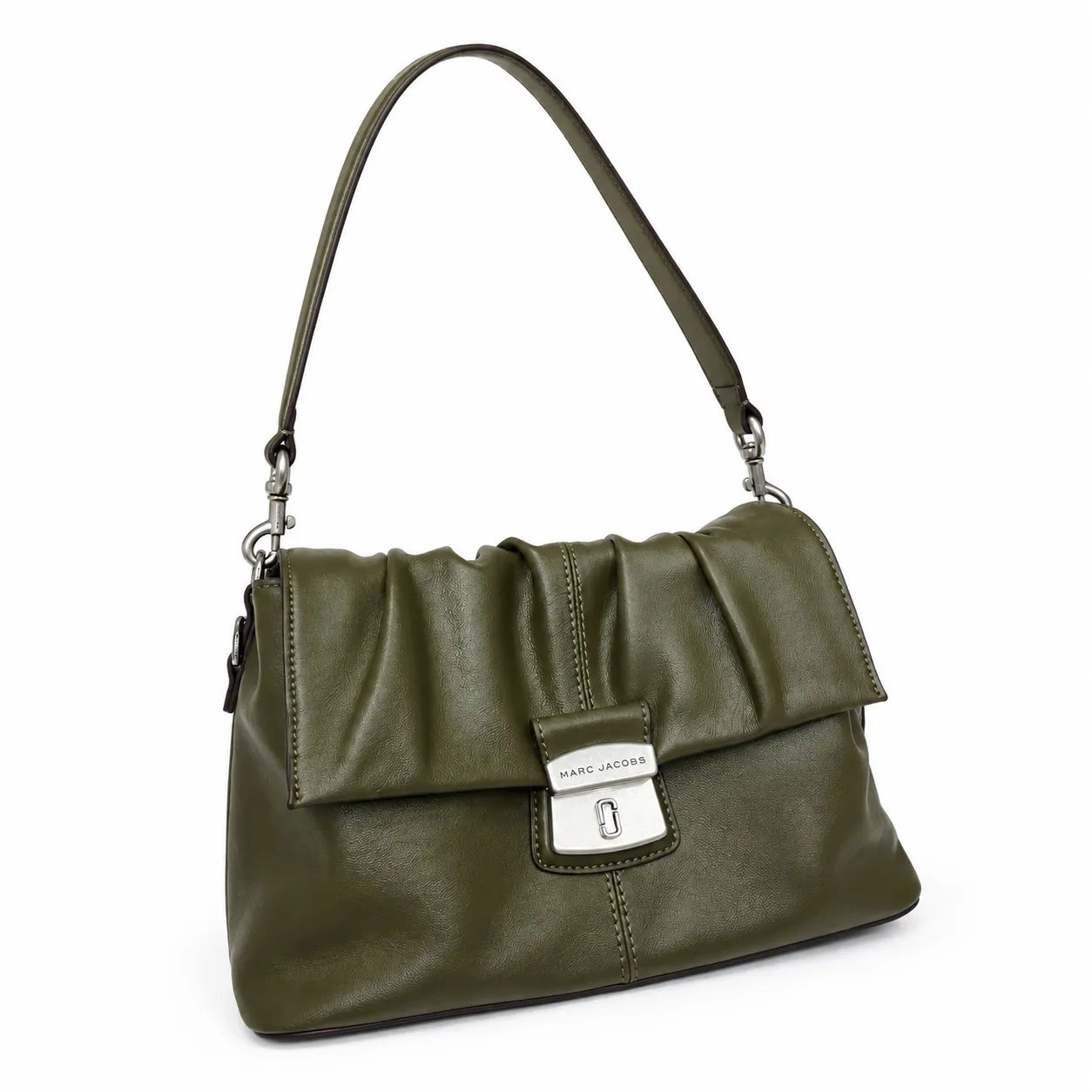 Marc Jacobs The Cristina Medium Olive Green Soft Leather Ruched Shoulder Bag with Silver Lock