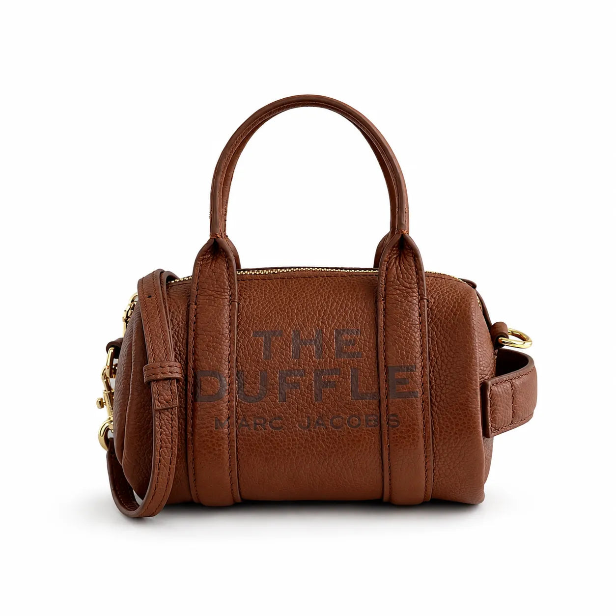 Marc Jacobs The Mini Duffle Small Brown Leather Round Barrel Bag with Gold Zippers & Detachable Strap