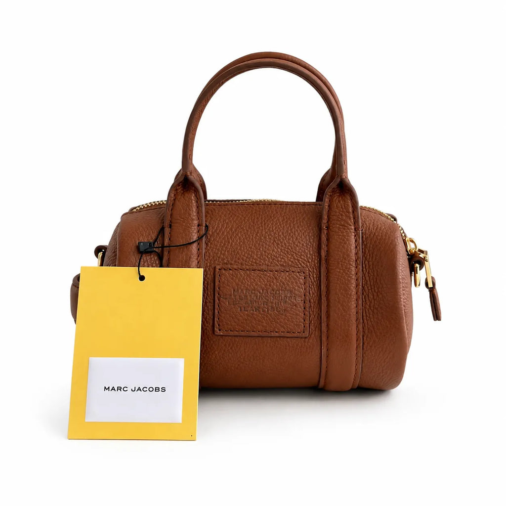 Marc Jacobs The Mini Duffle Small Brown Leather Round Barrel Bag with Gold Zippers & Detachable Strap