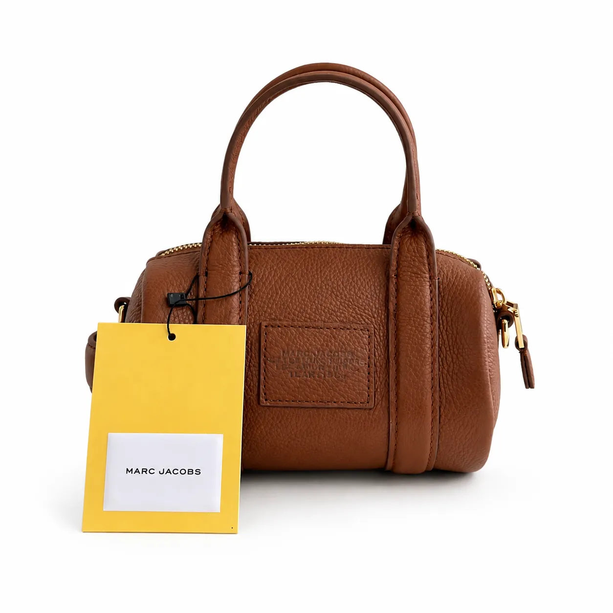 Marc Jacobs The Mini Duffle Small Brown Leather Round Barrel Bag with Gold Zippers & Detachable Strap