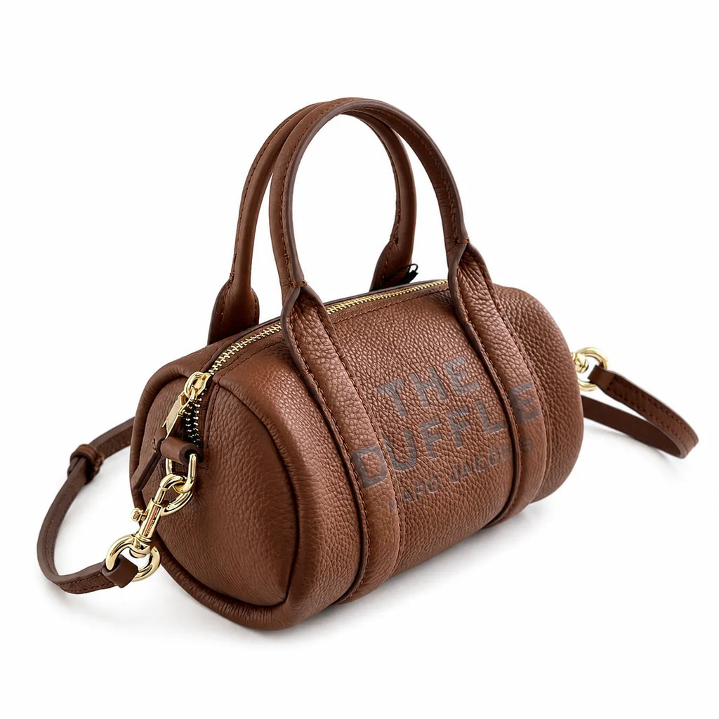 Marc Jacobs The Mini Duffle Small Brown Leather Round Barrel Bag with Gold Zippers & Detachable Strap
