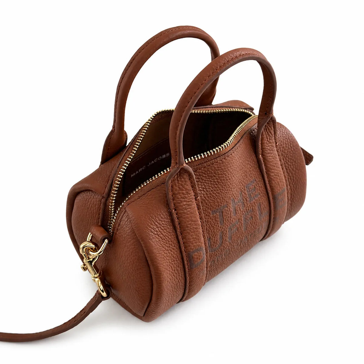 Marc Jacobs The Mini Duffle Small Brown Leather Round Barrel Bag with Gold Zippers & Detachable Strap