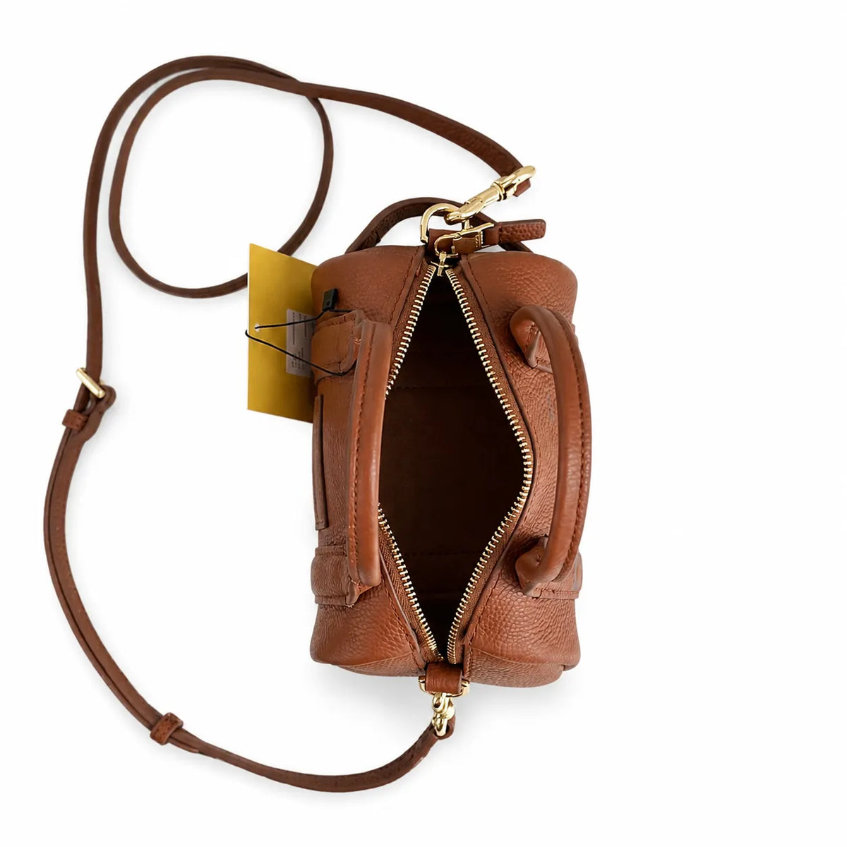 Marc Jacobs The Mini Duffle Small Brown Leather Round Barrel Bag with Gold Zippers & Detachable Strap