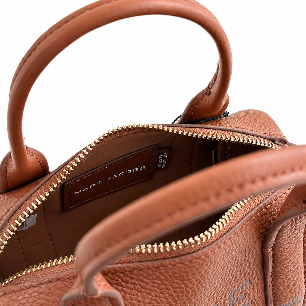 Marc Jacobs The Mini Duffle Small Brown Leather Round Barrel Bag with Gold Zippers & Detachable Strap